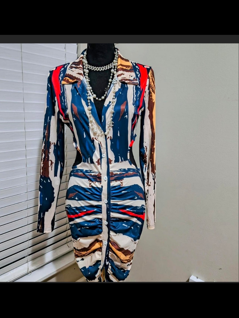 Abstract Print Ruched Button-Front Dress in Blue and Cream